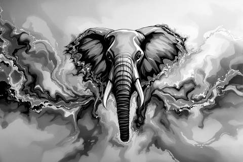 Elefante de Mareas Azules en blanco y negro