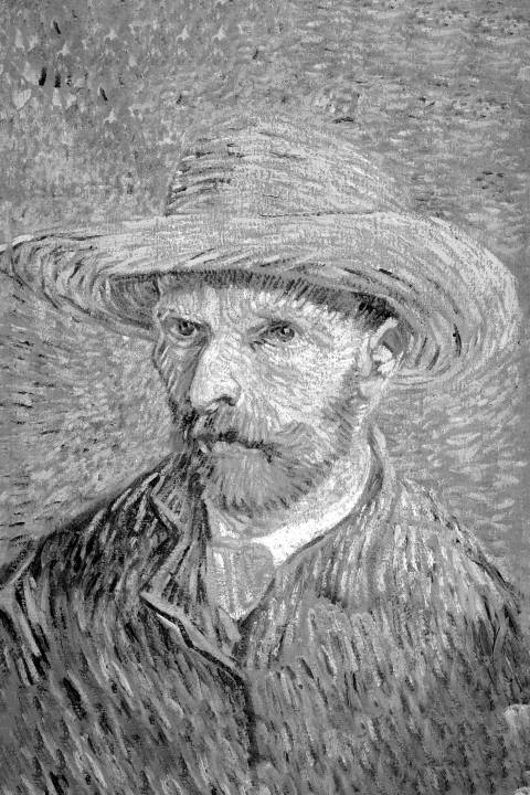 Autorretrato con sombrero de paja, Vincent van Gogh en blanco y negro