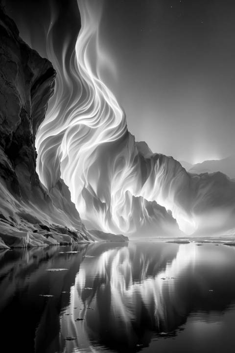 Cortina Aurora sobre Fiordo Helado en blanco y negro