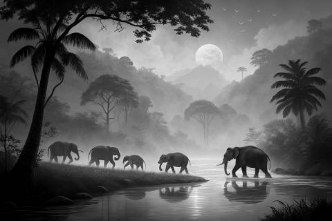 Travesía de los Elefantes en Bruma Verde en blanco y negro