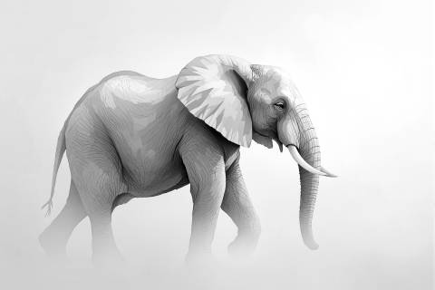 Elefante al Amanecer en Bruma Pastel en blanco y negro