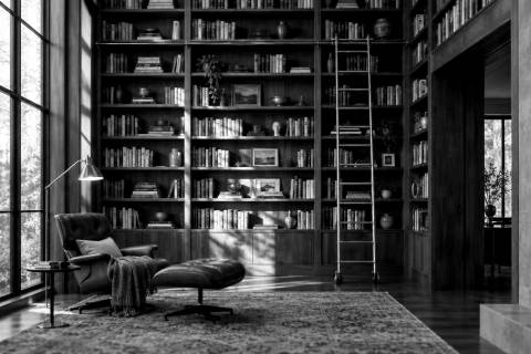 Biblioteca de Doble Altura en blanco y negro