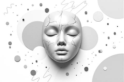 Renacer Memphis: Rostro de Terracota Dorada en blanco y negro
