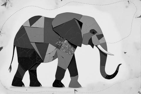 Elefante de Arcilla y Papel en blanco y negro
