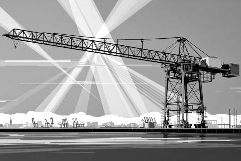 Grúa del Puerto — Bloques de Turquesa y Coral en blanco y negro