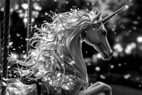 Unicornio Iridiscente del Carrusel Nocturno en blanco y negro