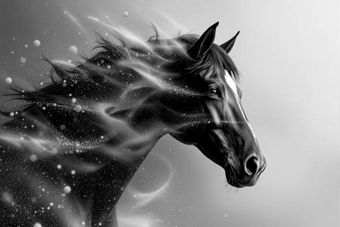 Surgimiento Etéreo del Corcel en blanco y negro