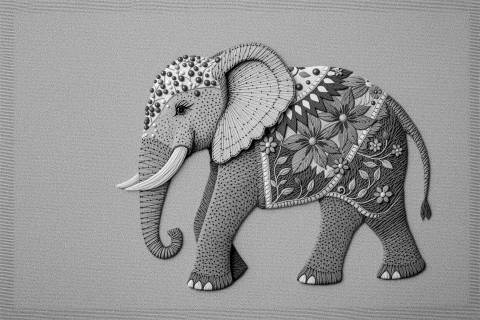 Elefante Bordado en Hilos de Turquesa y Coral en blanco y negro
