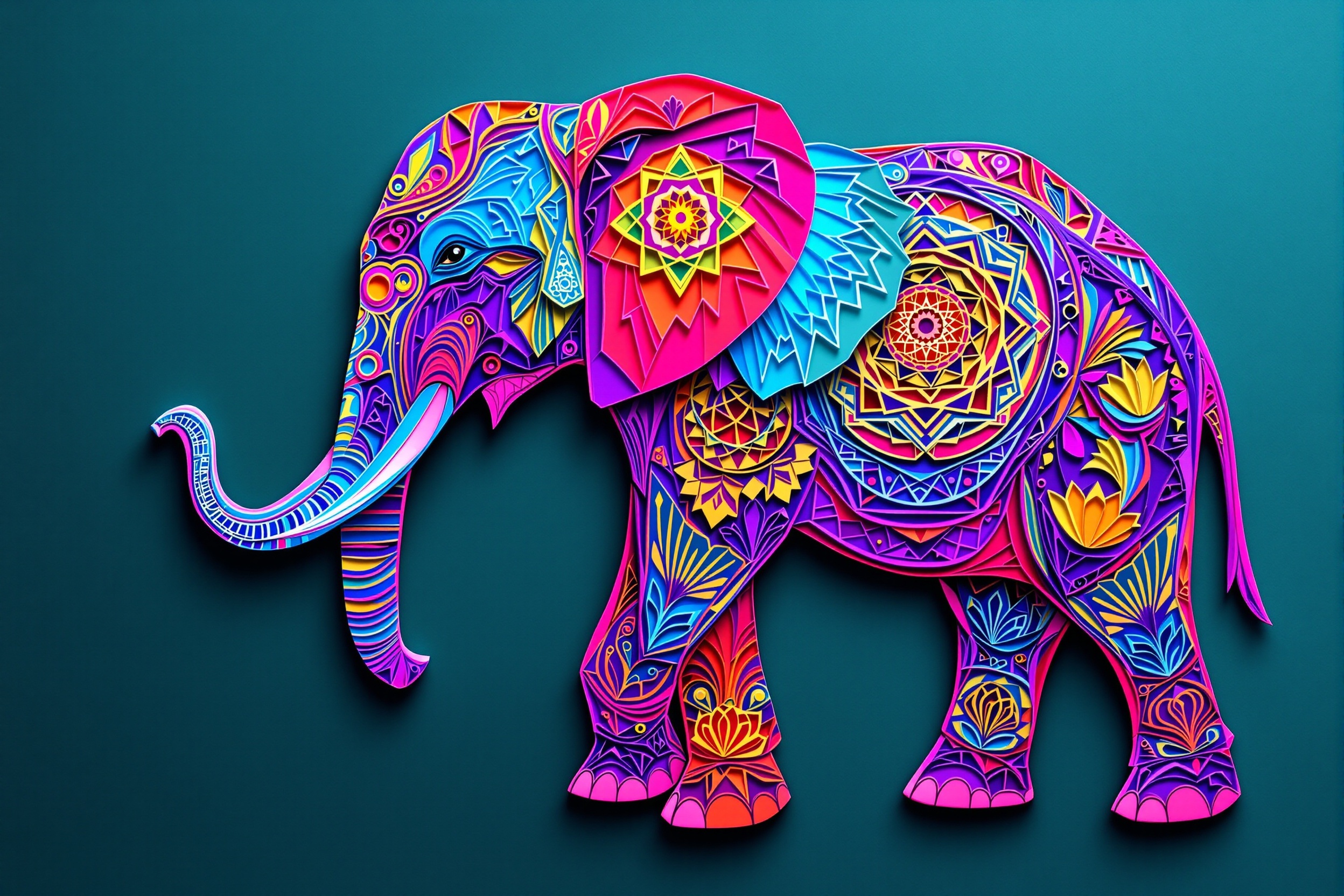 Elefante Neón en Capas de Papel