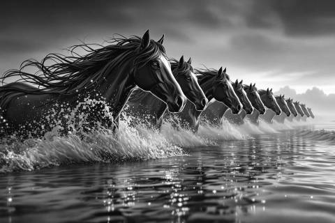 Cabalgata Crepuscular en Oro y Sombra en blanco y negro