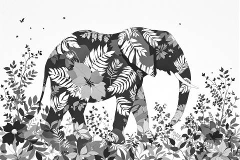 Elefante Botánico en Azul Cian en blanco y negro