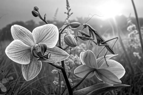 Silencio de Orquídea Mantis en blanco y negro
