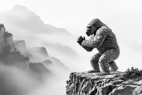 Silverback en la Bruma — Terrazzo Pastel en blanco y negro