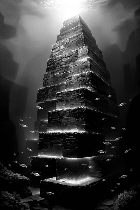 Pirámide Sumergida de Obsidiana en blanco y negro