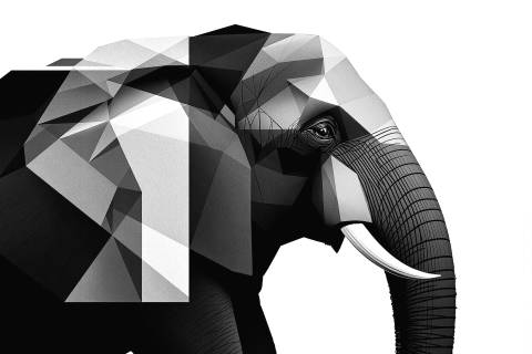 Elefante Fragmentado en Geometría Monocroma en blanco y negro