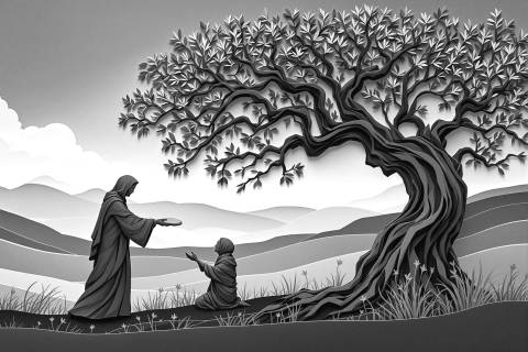 Pan Compartido bajo el Olivo en blanco y negro