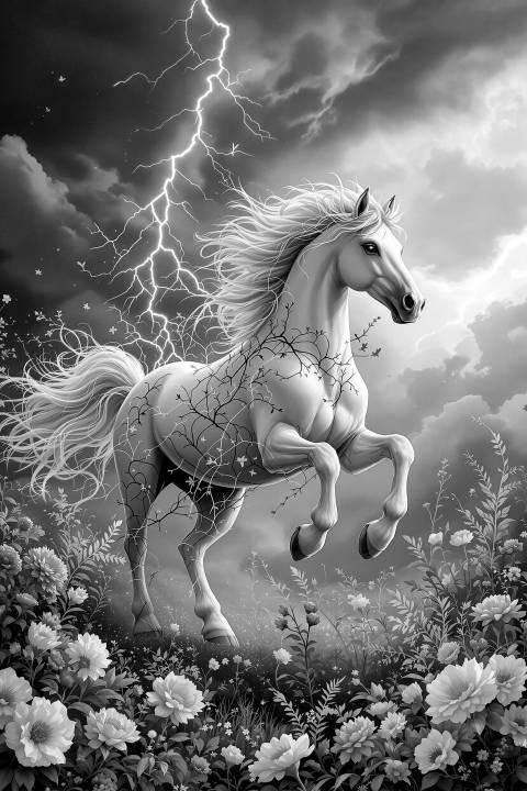 Corcel Dorado: Tormenta Botánica en blanco y negro