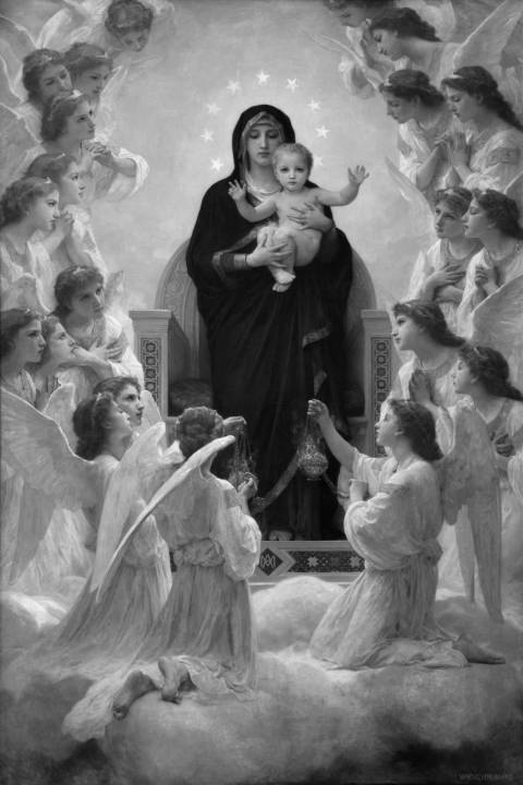 La Virgen con ángeles, William-Adolphe Bouguereau en blanco y negro