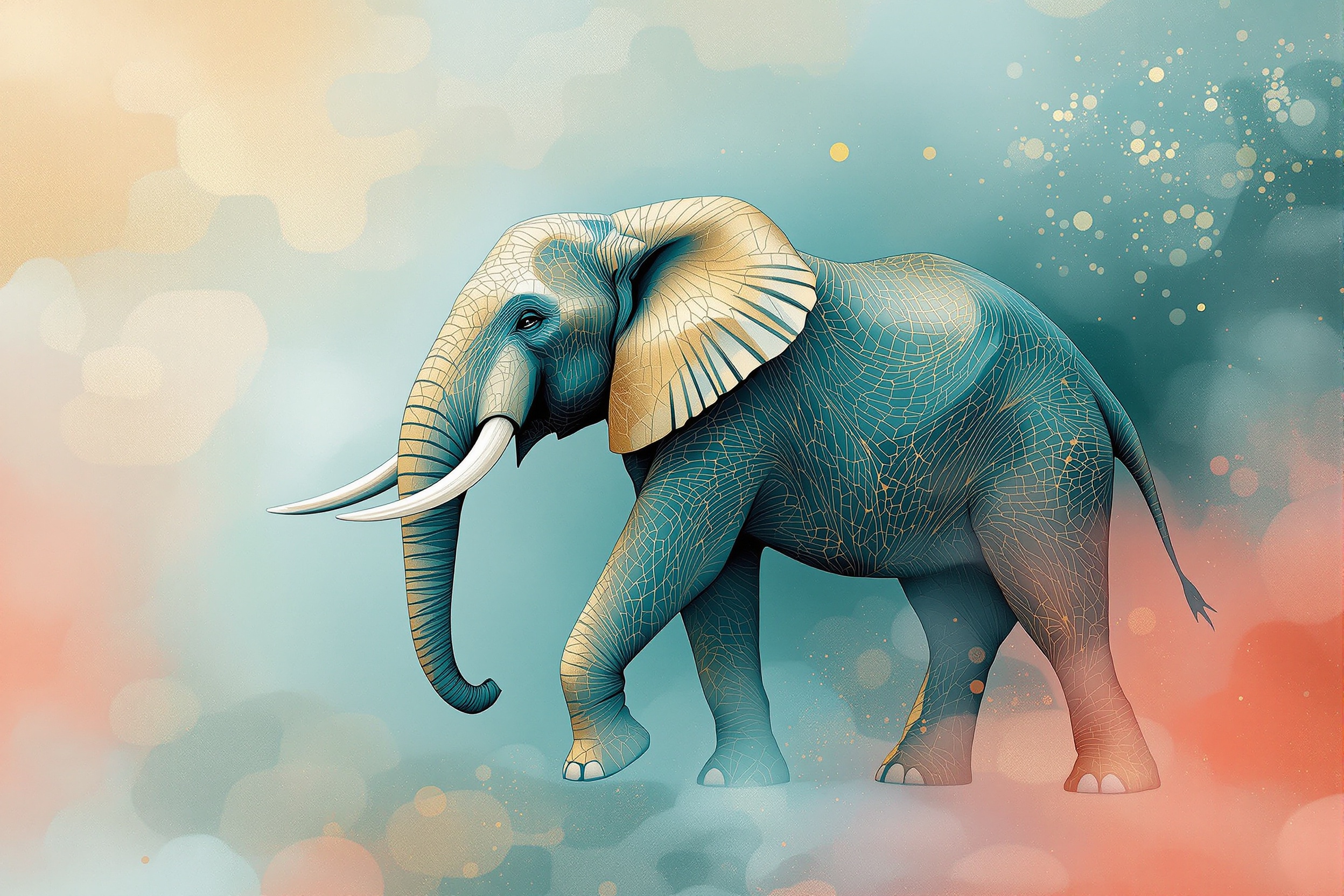 Elefante Dorado en Bruma Turquesa