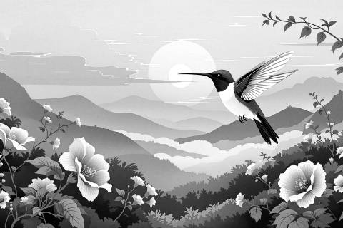 Colibrí del Alba en Trompeta en blanco y negro