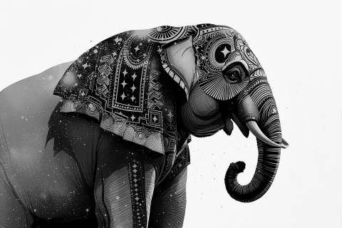 Elefante Ceremonial en Polvo Dorado en blanco y negro