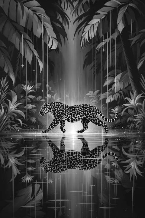 Jaguar del Ocaso Bioluminiscente en blanco y negro