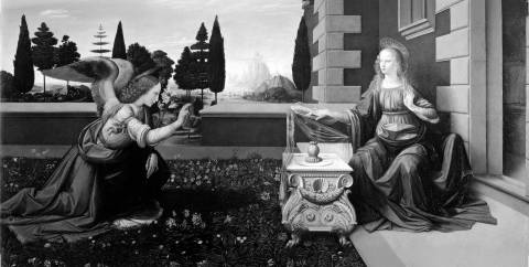 La Anunciación, Leonardo da Vinci en blanco y negro