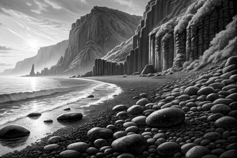 Caleta Volcánica al Amanecer en blanco y negro
