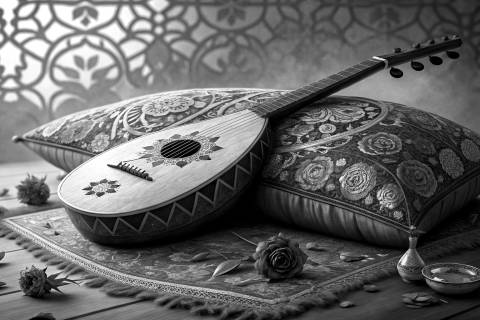 Laúd en Flor · Duotono Ámbar en blanco y negro