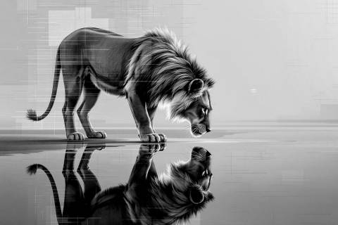 León de Turquesa: Reflejo Glitch en blanco y negro