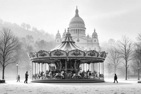 Carrusel Silente al Alba de París en blanco y negro