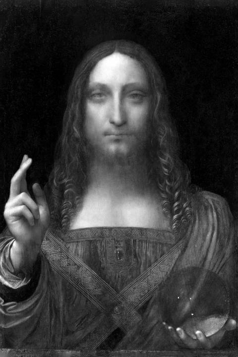 Salvator Mundi, Jesús redentor, atribuido a Leonardo da Vinci en blanco y negro