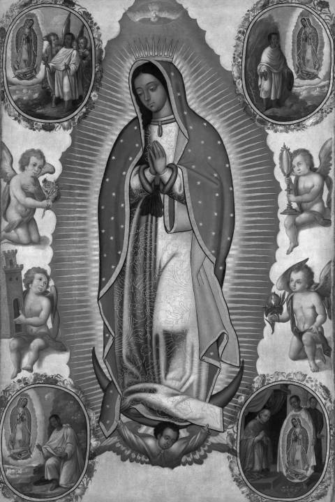 Virgen de Guadalupe con las cuatro apariciones en blanco y negro