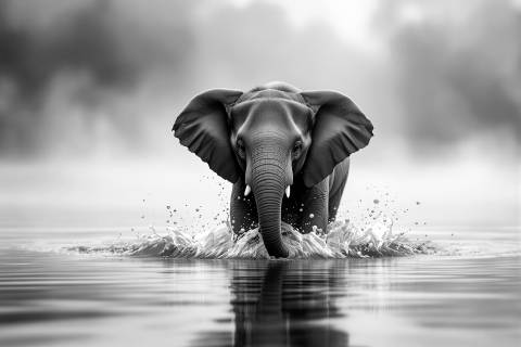 Amanecer Suprematista: Elefante en la Niebla en blanco y negro