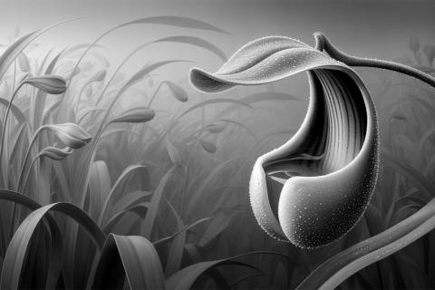Cáliz Suspendido — Orquídea Coryanthes en Puntillismo en blanco y negro