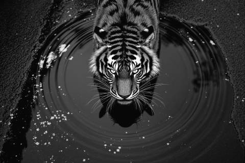 Reflejo del Tigre Nocturno en blanco y negro