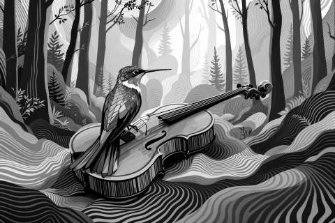 Concierto del Bosque: Colibrí Óptico en blanco y negro