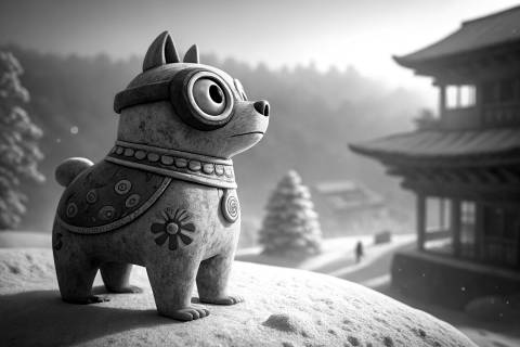 Guardián de Bruma: Dogú Raku en blanco y negro