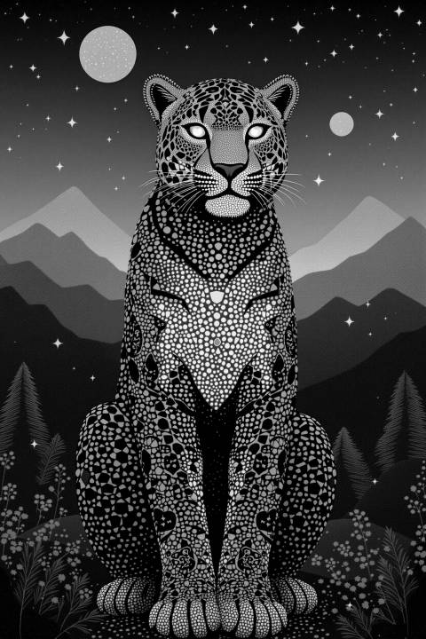 Jaguar de Chaquira y Constelaciones en blanco y negro
