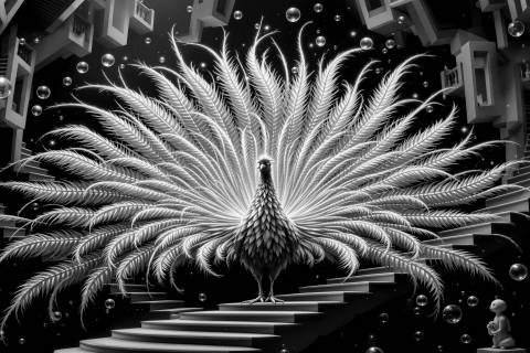 Éxtasis de Plumas: El Faisán Onírico en blanco y negro