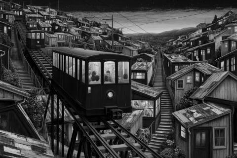 Ascenso Neón de Valparaíso en blanco y negro