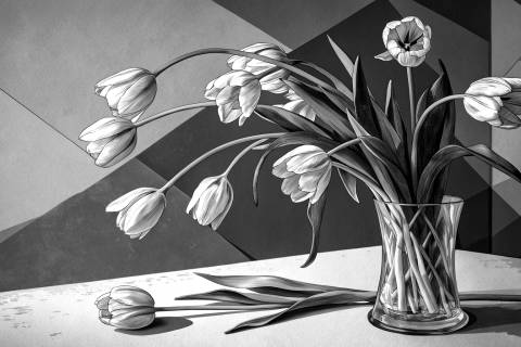 Tulipanes en Azul Silente en blanco y negro