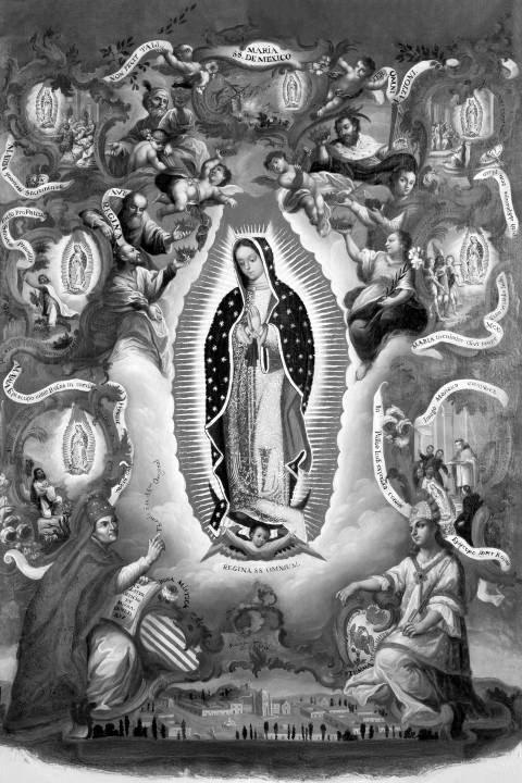 Virgen de Guadalupe, patrona de México en blanco y negro