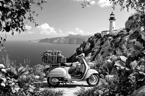 Odisea Azul: Vespa Botánica del Faro en blanco y negro