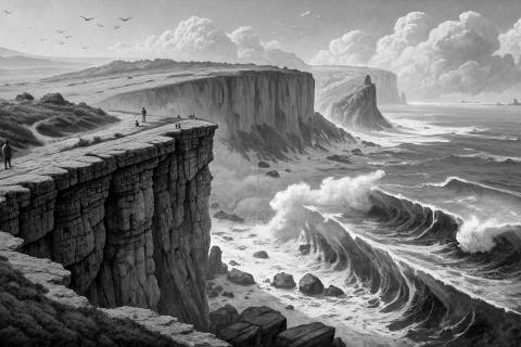 Acantilado de Bruma Turquesa en blanco y negro