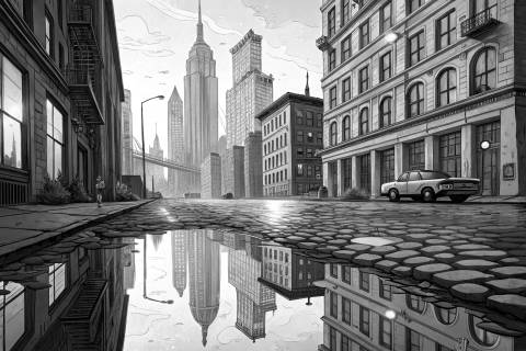 Reflejos de DUMBO en Halftone Pastel en blanco y negro