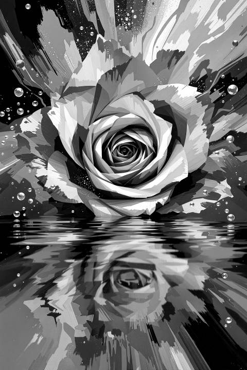 Caleidoscopio de Rosas en Espejo de Agua en blanco y negro