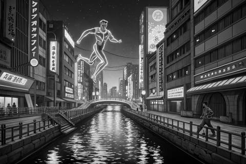 Neón Dōtonbori en Sepia Geométrico en blanco y negro