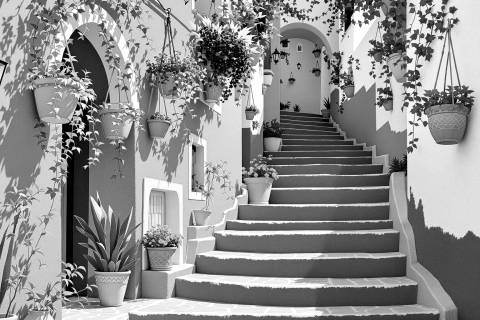 Escaleras de Añil en Hilo Bordado en blanco y negro