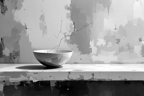 Cuenco Roto en Ocre — Abstracción de Arcilla en blanco y negro